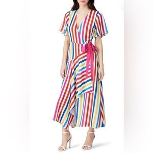 Color Me Courtney Taira Wrap Dress Maxi Rainbow Vertical Stripes Size Medium 807